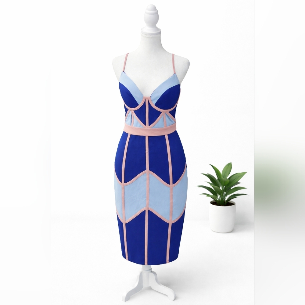 SHEIN Blue and Light Blue Contrast Bustier Midi Dress with Pink Trim - Picture 2 of 4